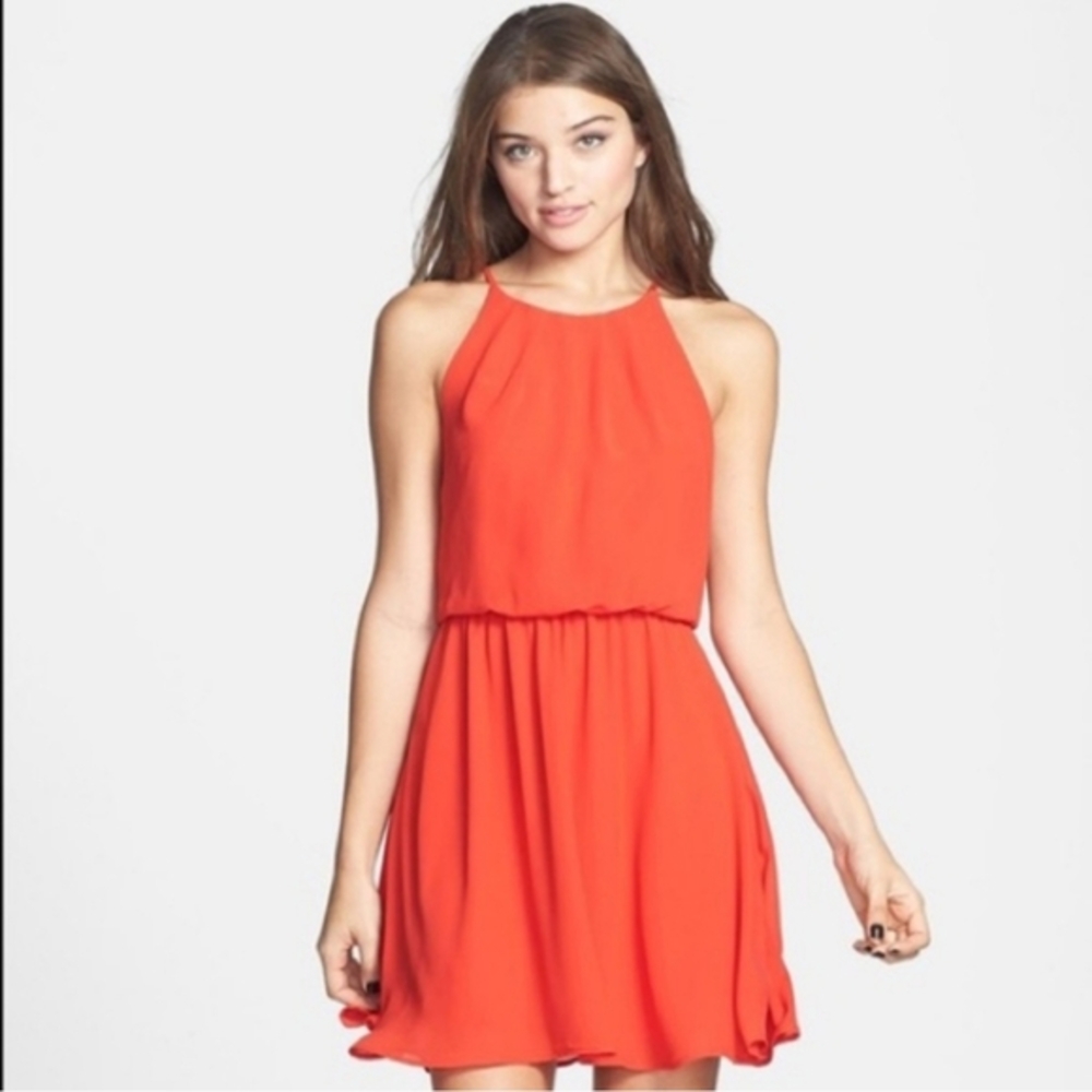Lush Mini Dress Size‎ M Drop Waist Orange Sleeveless Pleated High Neck Back Slit